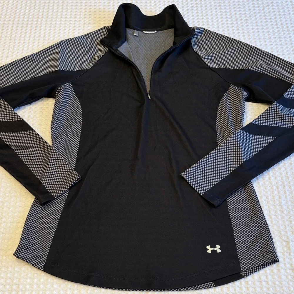 Under Armour MEDIUM Black Gray Dot Long Sleeve 1/4 Zip Mock Neck Top - Picture 5 of 12